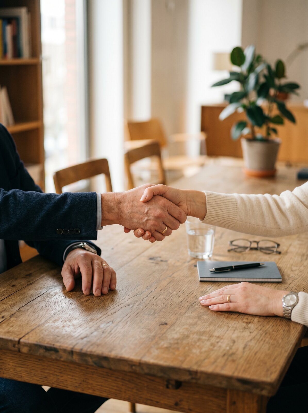 Mediation Erstgespräch – zwei Hände reichen sich über einen Tisch als Symbol für einvernehmliche Konfliktklärung