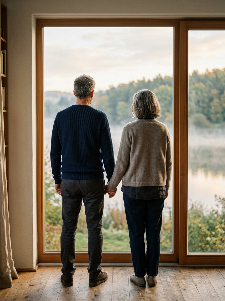 Paarberatung – ein Paar Hand in Hand schaut gemeinsam aus einem Fenster in die Natur, Symbol für Verbundenheit und Neuanfang